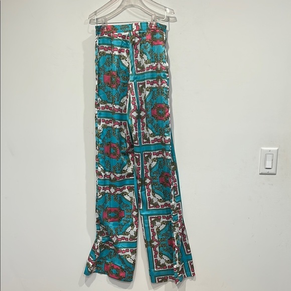 Pretty Little Thing Colorful Teal Pink Patterned Wide-Leg Pants new w tag 6 - Picture 5 of 7